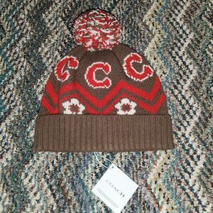 Coach Brown and Red Pom-Pom Beanie